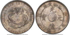 Kirin. Kuang-hsü Dollar CD 1901 AU58 NGC, KM-Y183a.1, L&M-536. With retrograde S in CAINDARINS. A charming example with lapis and maple patina. A cond...