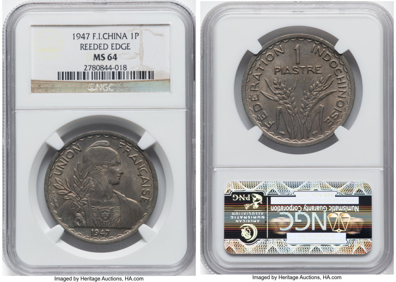 French Colony Piastre 1947-(a) MS64 NGC, Paris mint, KM32.2, Lec-320. Reeded edg...