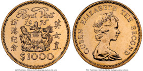 British Colony. Elizabeth II gold "Royal Visit" 1000 Dollars 1975 MS68 NGC, Royal mint, KM38, Fr-1. Visit of Queen Elizabeth. The population thins out...