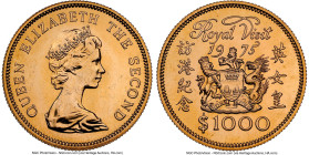 British Colony. Elizabeth II Mint Error - Obverse Struck Thru gold "Royal Visit" 1000 Dollars 1975 MS67 NGC, Royal mint, KM38, Fr-1. Visit of Queen El...