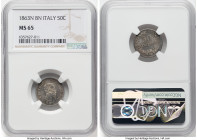Vittorio Emanuele II 50 Centesimi 1863 N-BN MS65 NGC, Naples mint, KM14.2. With only 26 examples of the type known to NGC, this grade is bested by a s...
