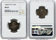 Umberto I Lira 1886-R MS65 NGC, Rome mint, KM24.1. Facing up with deep patina decorating the fields. Currently the sole finest certified example at NG...