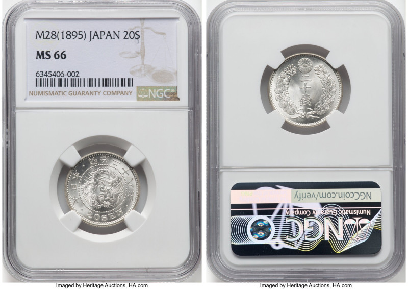 Meiji 20 Sen Year 28 (1895) MS66 NGC, Osaka mint, KM-Y24, JNDA 01-21. An enchant...