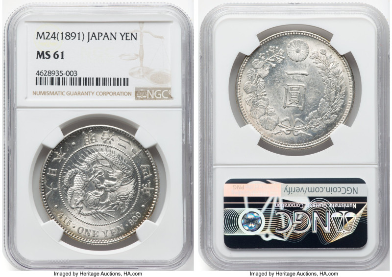 Meiji Yen Year 24 (1891) MS61 NGC, KM-YA25.3. Bright pearly surfaces accented by...