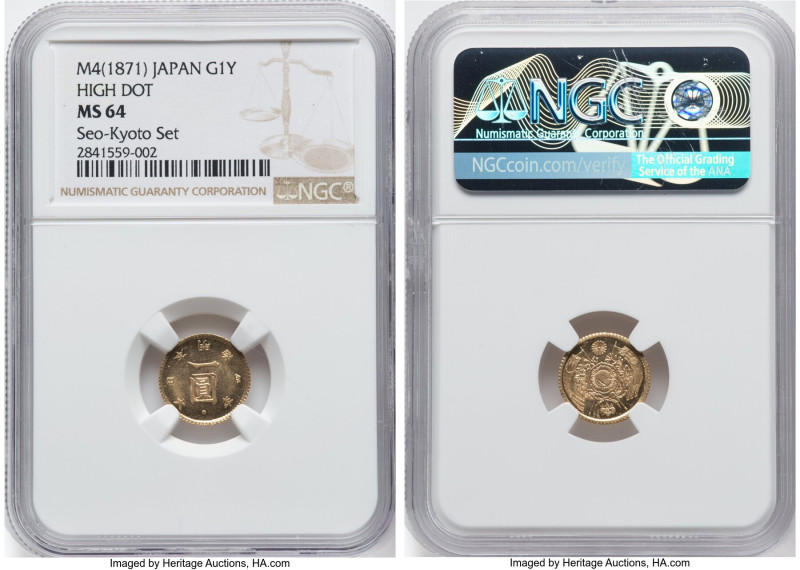 Meiji gold "High Dot" Yen Year 4 (1871) MS64 NGC, Osaka mint, KM-Y9, JNDA-01-5. ...