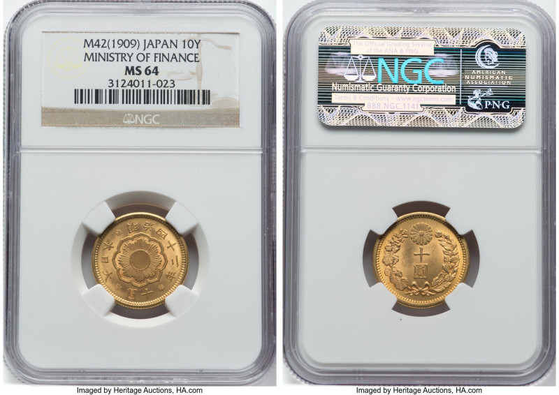 Meiji gold 10 Yen Year 42 (1909) MS64 NGC, Osaka mint, KM-Y33, JNDA 01-7. Ex. Mi...