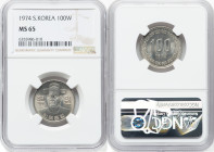 South Korea. Republic copper-nickel 100 Won 1974 MS65 NGC, Daejeon mint, KM9. A key date to this heavily collected modern Korean series, represented h...