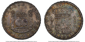 Philip V 8 Reales 1740 Mo-MF AU53 PCGS, Mexico City mint, KM103., Cal-1456. The gunmetal surfaces are adorned with honey and lapis patina. HID09801242...