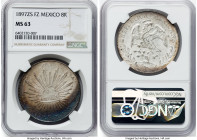 Republic 8 Reales 1897 Zs-FZ MS63 NGC, Zacatecas mint, KM377.13, DP-Zs83. This example boasts a magnificent crescent-shaped patina in rainbow hues. HI...