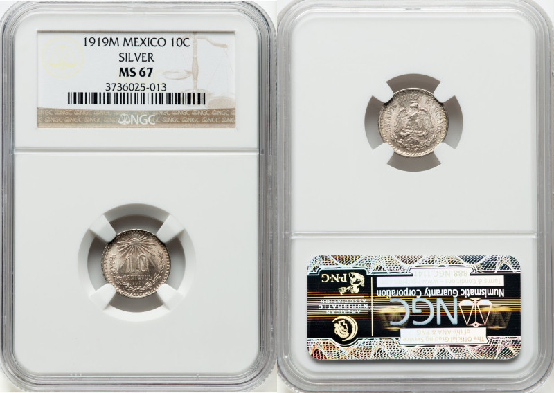 Estados Unidos 10 Centavos 1919-M MS67 NGC, Mexico City mint, KM429. Tied for th...