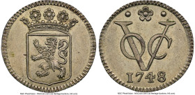 Dutch Colony. United East India Company silver Duit 1748 MS63 NGC, Dordrecht mint, KM70. A lemon-lime glow embellishes the silvery surfaces on this to...