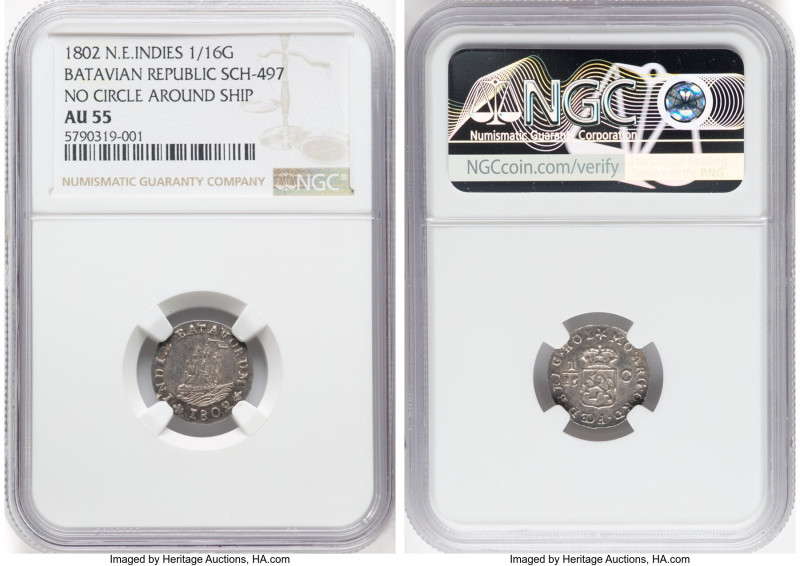 Dutch Colony. Batavian Republic 1/16 Gulden 1802 AU55 NGC, Dordrecht mint, KM78,...