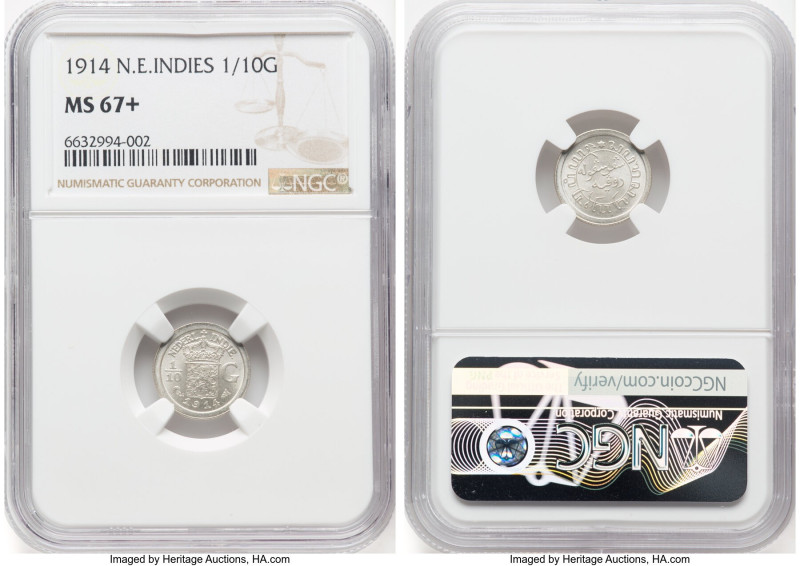 Dutch Colony. Wilhelmina I 1/10 Gulden 1914-(u) MS67+ NGC, Utrecht mint, KM311. ...