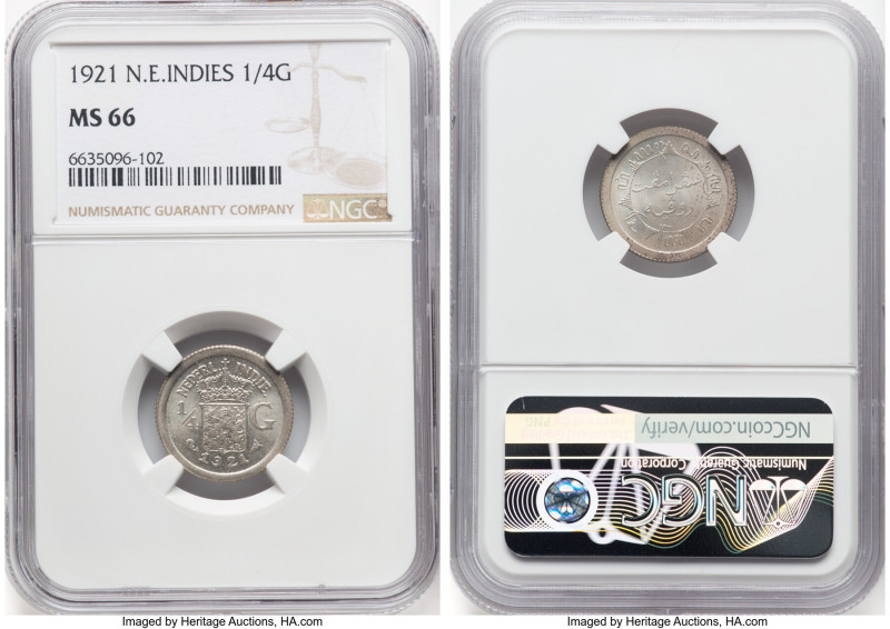 Dutch Colony. Wilhelmina I 1/4 Gulden 1921-(u) MS66 NGC, Utrecht mint, KM312. HI...