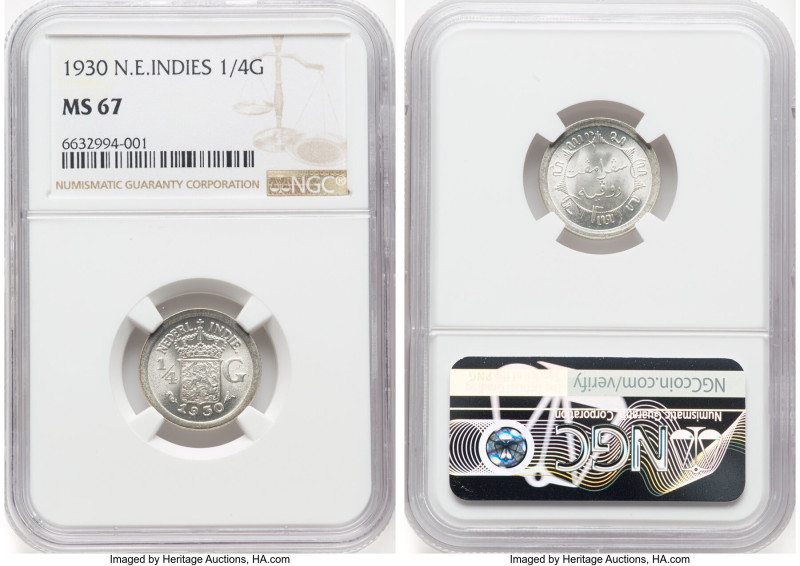 Dutch Colony. Wilhelmina I 1/4 Gulden 1930-(u) MS67 NGC, Utrecht mint, KM312. HI...