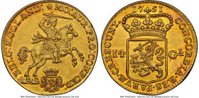 Holland. Provincial gold 14 Gulden 1751 UNC Details (Reverse Rim Filed) NGC, KM97. A charming honey gold planchet with tones of amber iridescence. HID...