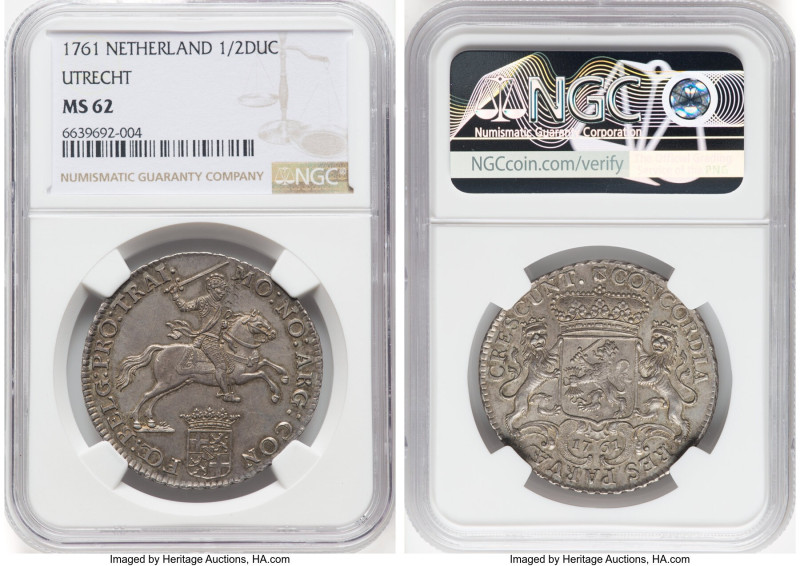 Utrecht. Provincial 1/2 Ducaton 1761 MS62 NGC, KM115.1. A charming offering a sh...