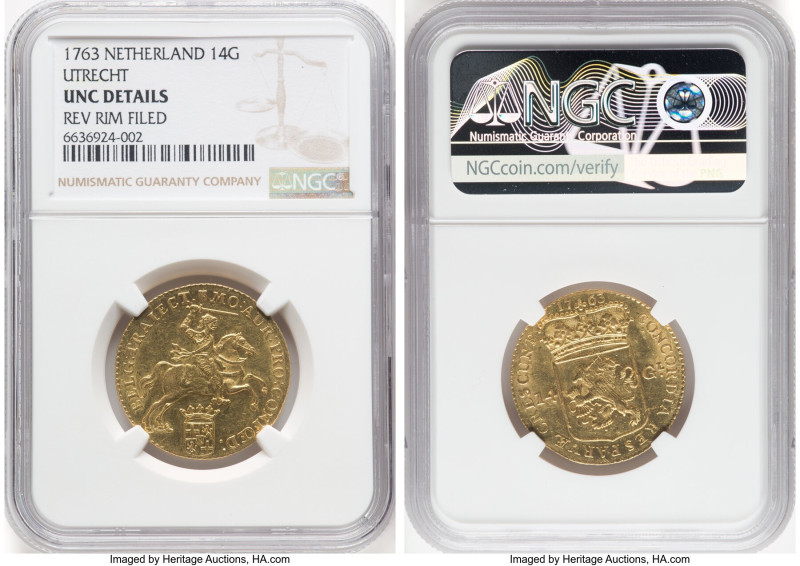 Utrecht. Provincial gold 14 Gulden 1763 UNC Details (Reverse Rim Filed) NGC, KM1...