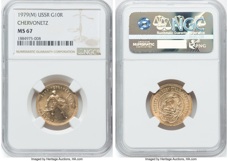 USSR gold Chervonetz (10 Roubles) 1979-(m) MS67 NGC, Moscow mint, KM-Y85. HID098...