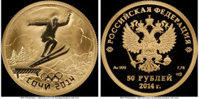 Russian Federation gold Proof "Sochi Olympics - Ski Jumping" 50 Roubles 2014-Dated (2013)-(sp) PR69 Ultra Cameo NGC, St. Petersburg mint, KM-Y1488. Mi...