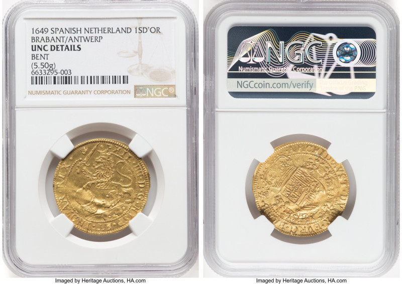 Brabant. Philip IV gold Souverain Ou Lion d'Or 1649 UNC Details (Bent) NGC, Antw...