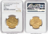 Brabant. Philip IV gold Souverain Ou Lion d'Or 1649 UNC Details (Bent) NGC, Antwerp mint, KM77.1. 5.50g. A striking rarity, with only two examples fou...