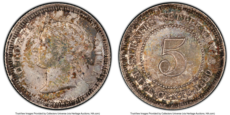 British Colony. Victoria 5 Cents 1880-H MS64 PCGS, Heaton mint, KM10. A near-Gem...