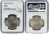 British Colony. Edward VII Dollar 1908 MS63 NGC, KM26. This offering consists of silver hues that are accented by a hidden champagne undertone and sof...