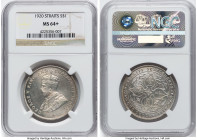 British Colony. George V Dollar 1920 MS64+ NGC, Bombay mint, KM33, Prid-10. A beautiful pearlescent near-Gem with quite noticeable die polish on each ...