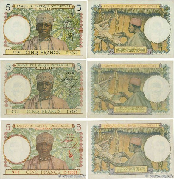 Country : FRENCH WEST AFRICA (1895-1958) 
Face Value : 5 Francs Lot 
Date : 1938...