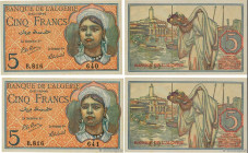 Country : ALGERIA 
Face Value : 5 Francs Consécutifs 
Date : 02 octobre 1944 
Period/Province/Bank : Banque de l'Algérie 
Catalogue reference : P.94b ...