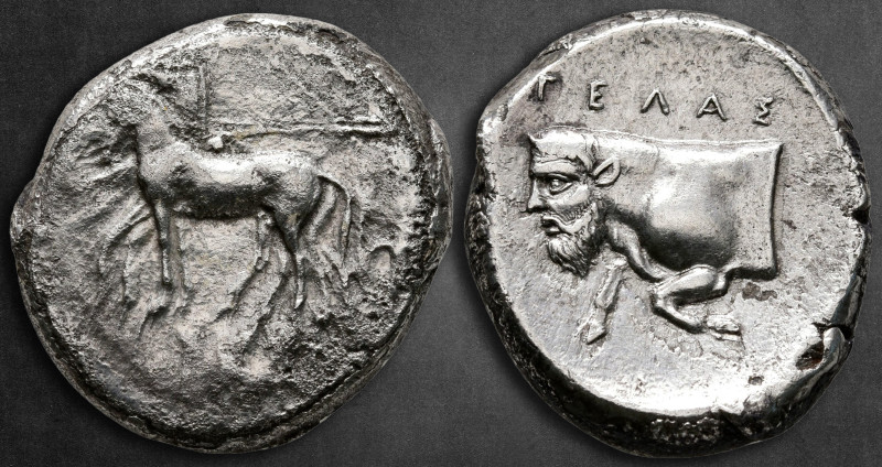 Sicily. Gela circa 420-415 BC. 
Tetradrachm AR

21 mm, 16,82 g

Charioteer ...