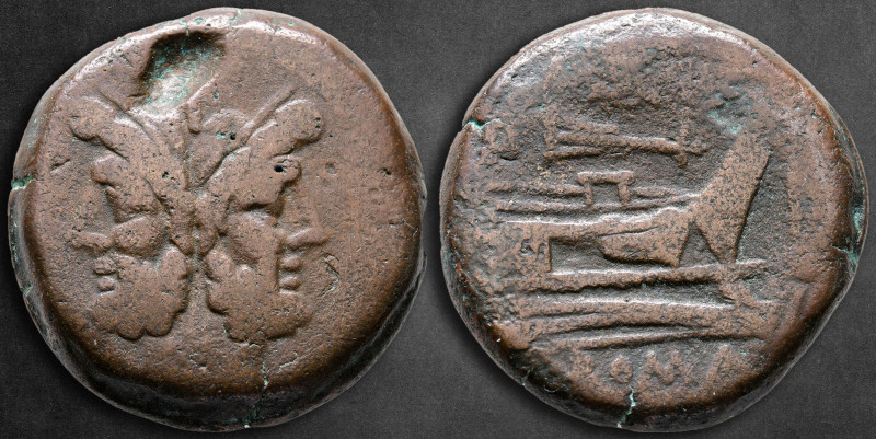 Anonymous 206-195 BC. Bird and rudder series. Rome
As Æ

34 mm, 36,37 g

La...