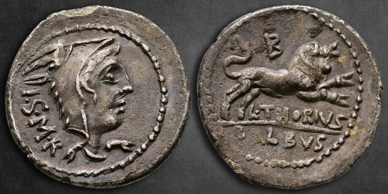L. Thorius Balbus 105 BC. Rome
Denarius AR

21 mm, 3,62 g

I•S•M•R, head of...