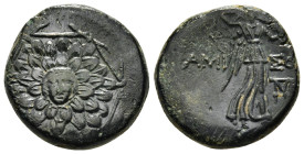 PONTOS. Amisos. Ae (Circa 85-65 BC). Time of Mithradates VI Eupator.
Obv: Aegis facing.
Rev: AMIΣOY.
Nike advancing right with shouldered palm bran...