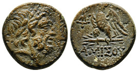 PONTOS. Amisos. Ae (Circa 100-85 BC).
Obv: Laureate head of Zeus right.
Rev: AMIΣOV.
Eagle, with head right, standing left on thunderbolt; monogram to...
