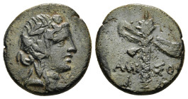 PONTOS. Amisos. Time of Mithradates VI Eupator (Circa 105-90 or 90-85 BC). Ae.
Obv: Head of Dionysos right, wearing ivy wreath.
Rev: AMI - ΣOY.
Thyrso...