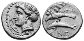 PAPHLAGONIA. Sinope. Siglos or Drachm (Circa 330-300 BC). Erony–, magistrate.
Obv: Head of nymph left, with hair in sakkos.
Rev: EPΩ / ΣINΩ.
Sea-ea...
