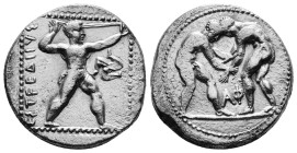 PAMPHYLIA. Aspendos. Stater (Circa 380/75-330/25 BC).
Obv: EΣTFEΔIIYΣ.
Slinger in throwing stance right. Control: Counterclockwise triskeles to righ...