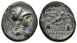 PHRYGIA. Apameia. Ae (Circa 88-40 BC). Andronikos, son of Alkios, magistrate.
Obv: Helmeted bust of Athena right, wearing aegis.
Rev: AΠAMEΩN / ANΔPON...