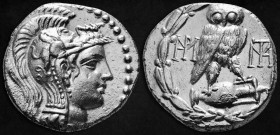ATTICA. Athens. Ca. 165-42 BC. AR tetradrachm (16,54 g - 27,73 mm)
New Style coinage, Roman occupation under Sulla. 86-84 BC. Heead of Athena right w...