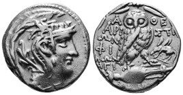 ATTICA. Athens. Tetradrachm (96/5 BC). New Style Coinage. Ariston, Philon and Hegias, magistrates.
Obv: Helmeted head of Athena right.
Rev: A - ΘE / A...