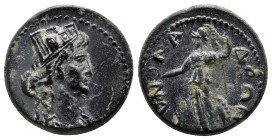 PHRYGIA. Synnada. Pseudo-autonomous (Late 1st or early 2nd century?). Ae.
Obv: Head of Tyche right, wearing mural crown.
Rev: CYNNAΔEΩN.
Athena, helme...
