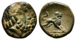 Pisidia, Komana. ca. 1st century B.C. AE Jugate, bearded heads right / KO, lion springing right. 2,93 g - 14,43 mm