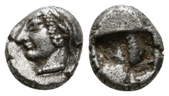 IONIA. Phokaia. Diobol (Circa 521-478 BC).
Obv: Archaic female head left, wearing earring and helmet or close fitting cap.
Rev: Quadripartite incuse s...