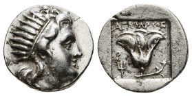 CARIA. Rhodes. Drachm (Circa 188-170 BC). Agatharchos, magistrate.
Obv: Radiate head of Helios right.
Rev: ΑΓΑΘΑΡΧΟΣ / P - O.
Rose with bud to right. ...