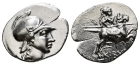 PHRYGIA. Kibyra (2nd-1st century BC). Drachm.
Obv: Helmeted male head right.
Rev: ΚΙΒΥΡΑΤΩΝ.
Warrior riding horse right, holding spear; branch behind ...