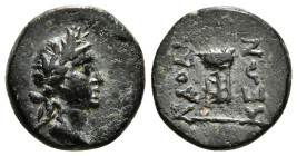 Phrygia, Laodikeia ad Lycum, Ae, Circa 133-67 BC.
Obv: Laureate head of Apollo to right.
Rev: ΛAOΔI-KEΩN Tripod. 3,44 g - 15,93 mm