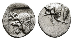 MYSIA. Kyzikos. Hemiobol (Circa 450-400 BC).
Obv: Head of roaring lion left; star to upper left; all within incuse square. 
Rev : Forepart of boar lef...