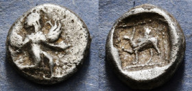 CARIA, Kaunos (Circa 490-470 BC.) AR Obol.
Obv: Goddess Iris advancing Right.
Rev: Griffin advancing left within incuse square with pelleted border.
C...